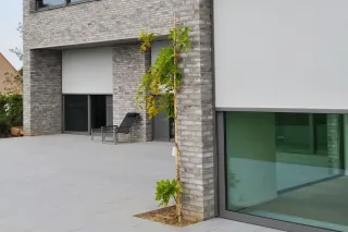 fenetre_belgique.webp Une terrasse moderne en béton avec un mur en brique, un transat noir et un jeune arbre planté sur le côté.
